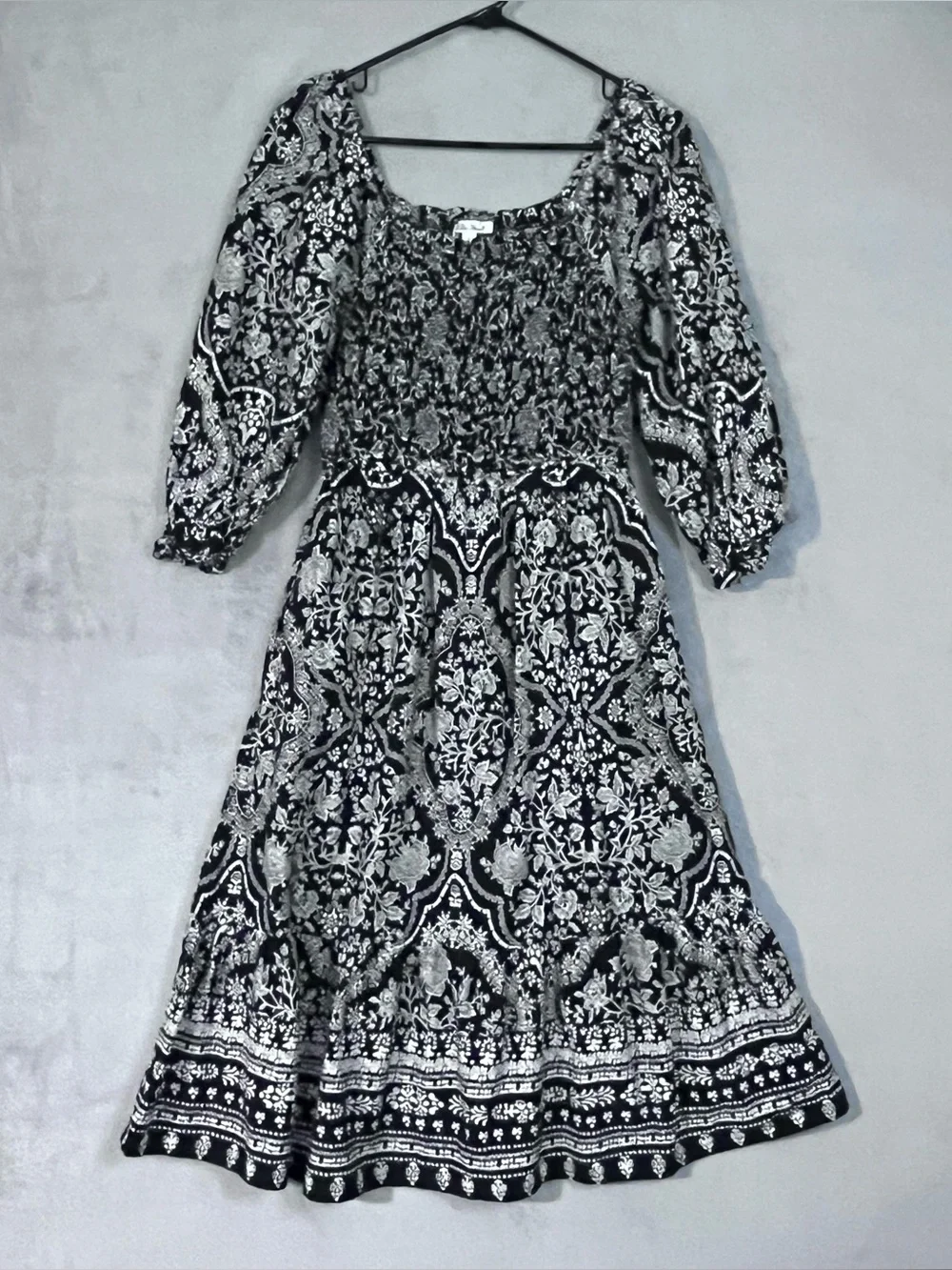 The Pioneer Woman Black White Floral Smocked Midi Dress Milkmaid Boho - Picture 1 of 9